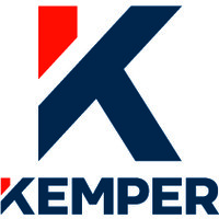 A blue and red logo for kemper