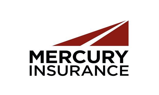 A red and white logo of mercury insurance.