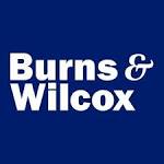 A blue background with white letters that say burns & wilcox.