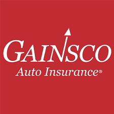 A red square with gainsco auto insurance written in white.