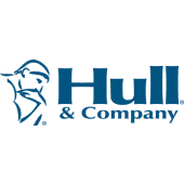 A blue and white logo of hull & company